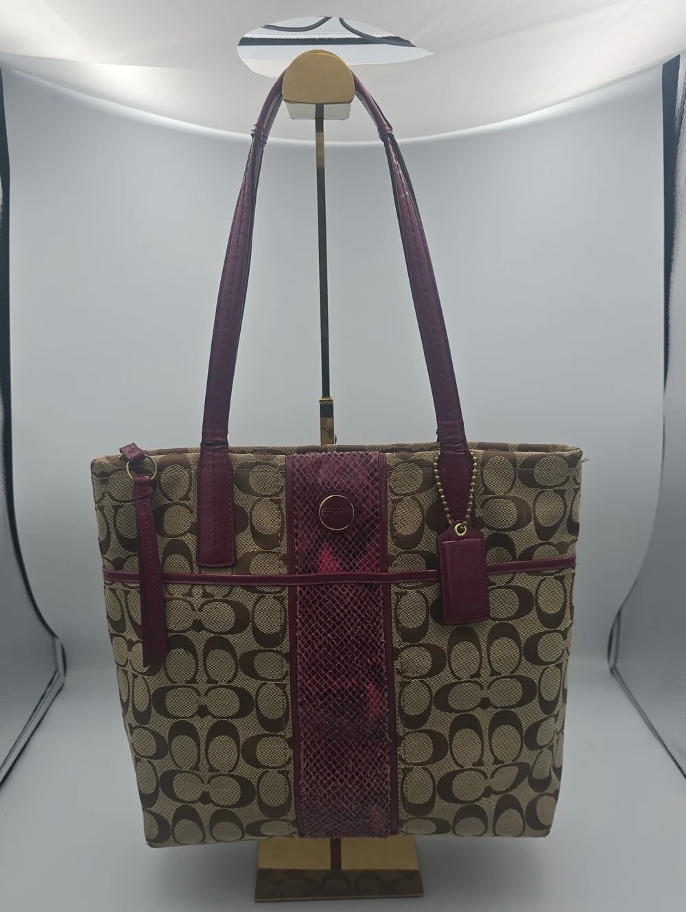 Coach Beige/Tan Signature Canvas Medium Tote W/ Burgundy Python Trim (GOOD) 💖✨️